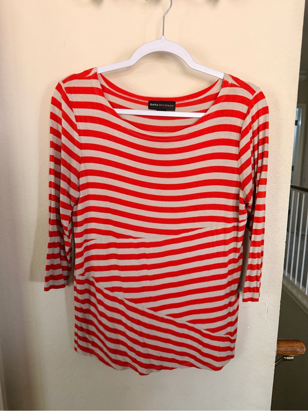 Dana Buchman Red & White Striped Scoop Neck Long Sleeve Top